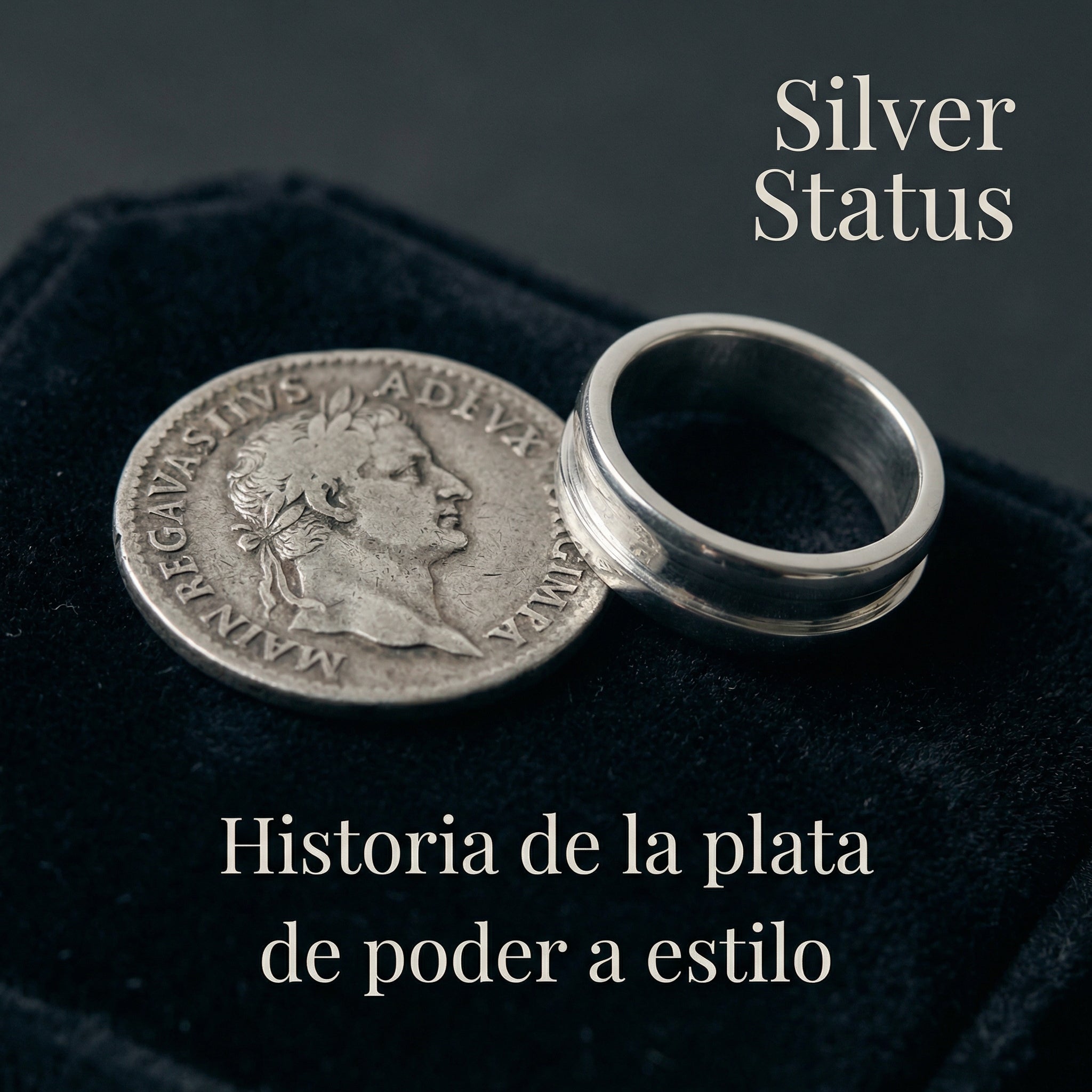 Moneda romana antigua junto a anillo de plata — historia de la plata de poder a símbolo de estilo