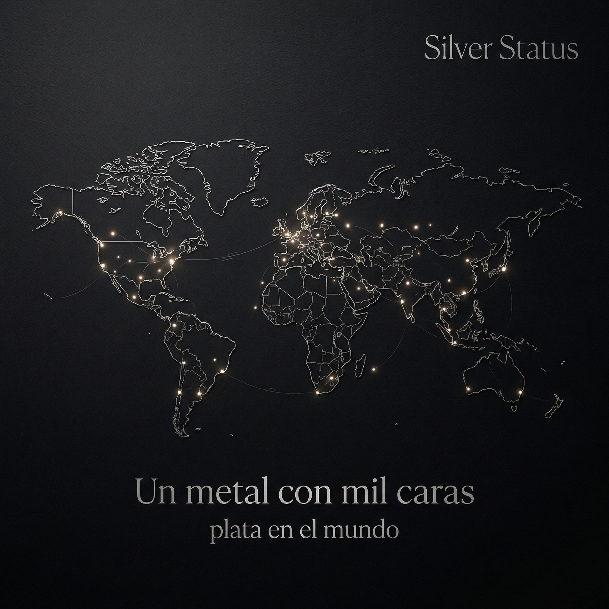 Mapa del mundo minimalista sobre fondo oscuro con puntos de luz — la plata a través de las culturas y los continentes
